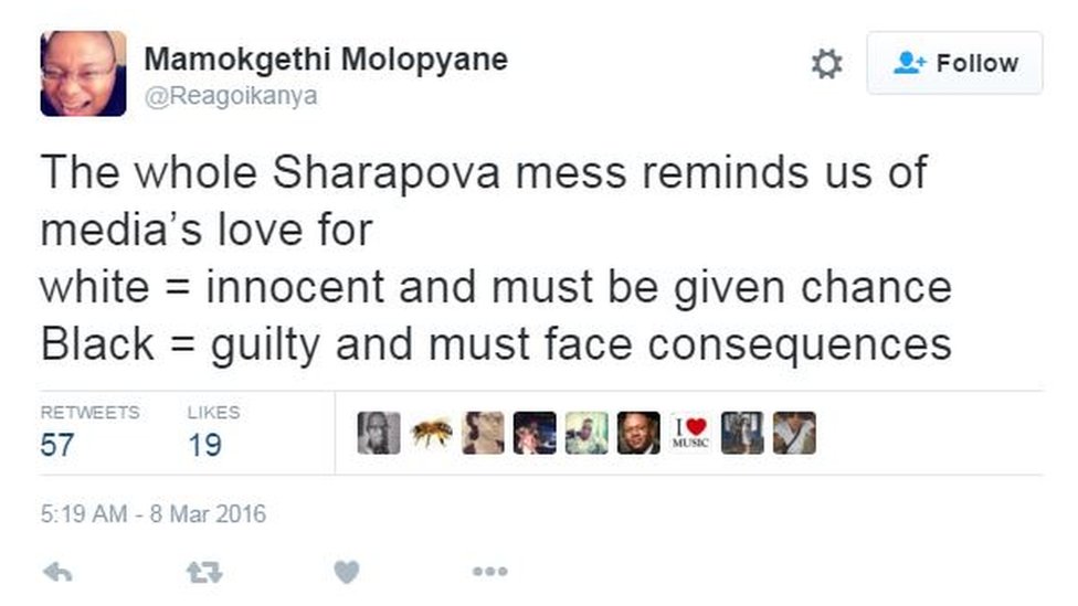 The whole Sharapova mess reminds us of how media's love for white= innocent and must be given a chance. Black=guilty and must face consequences