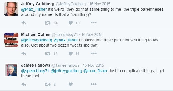 Journalists share tweets which say  "It's weird, they do that same thing to me, the triple parentheses around my name. Is it a Nazi thing?"
