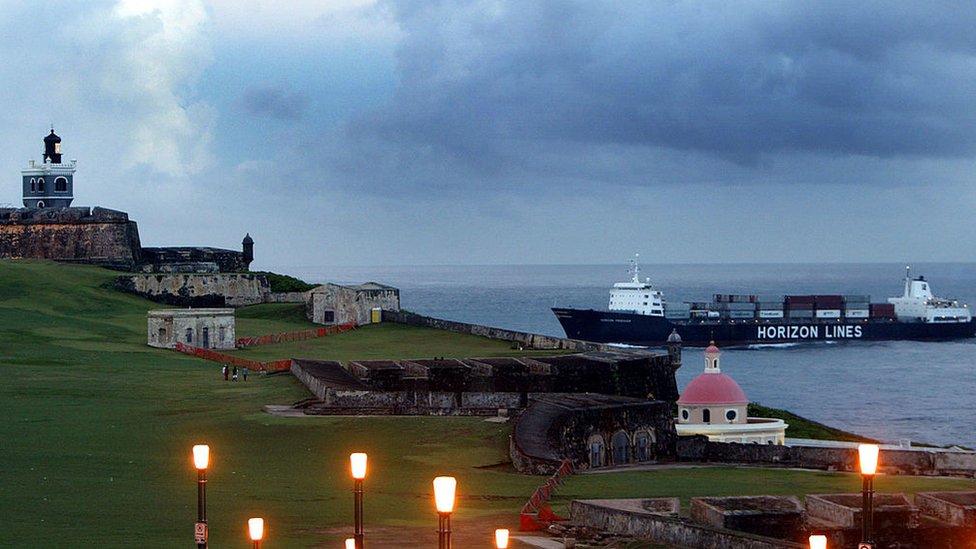 A ship comes into port past the Castillo de San Felipe del Morro April 26, 2004 in Old San Juan, the original capital city of San Juan, Puerto Rico.