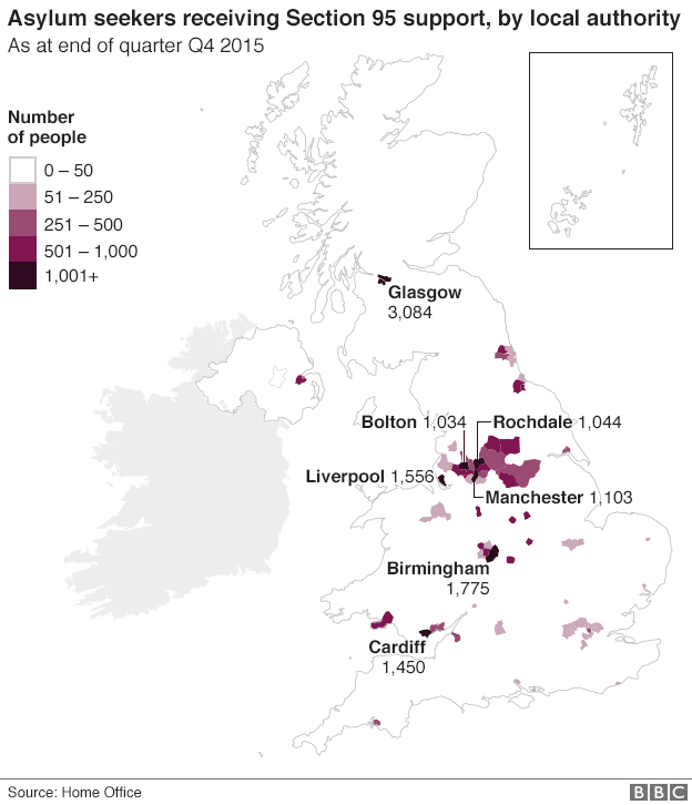 Map of asylum seekers per local authority as of Q4 2015