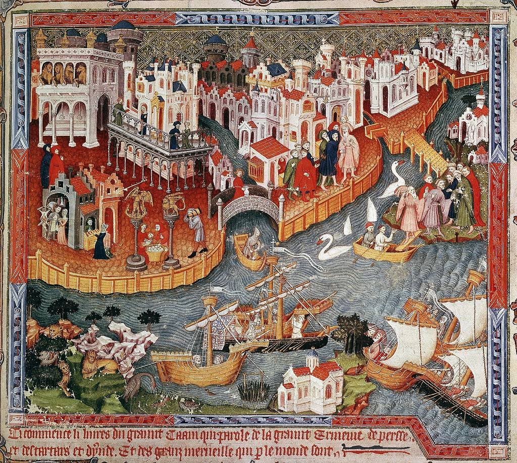 Marco Polo partiendo de Venecia con su padre y su tío en 1271. "Viajes de Marco Polo", manuscrito del siglo XV.