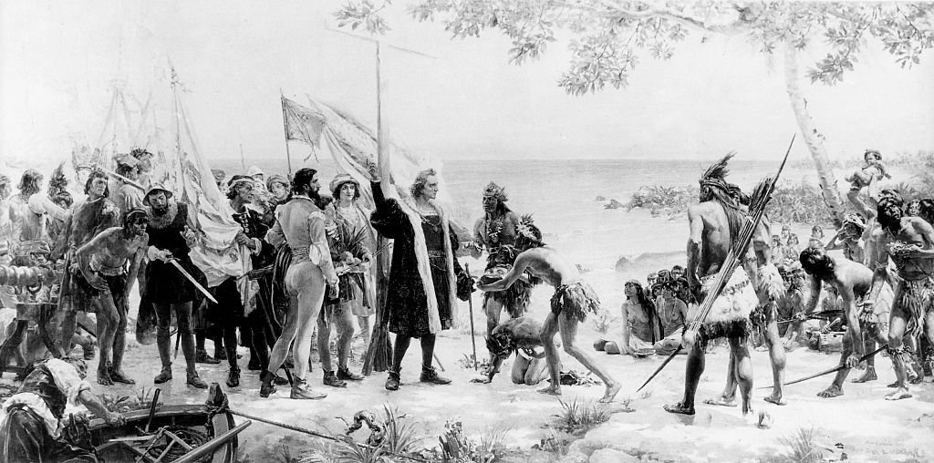 Grabado del contacto de Colón con los pueblos indígenas del Caribe