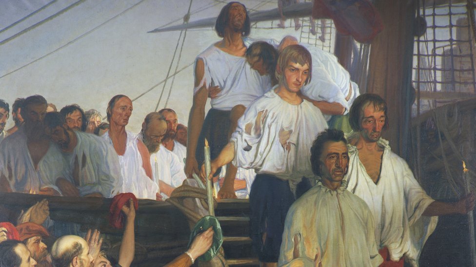Elcano y los 17 sobrevivientes a su llegada a Sevilla