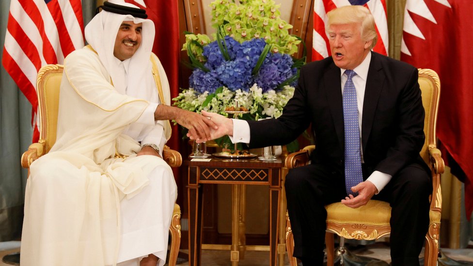 Emir of Qatar Thamim Bin al-Thani with US President Donald Trump in Saudi Arabia last month