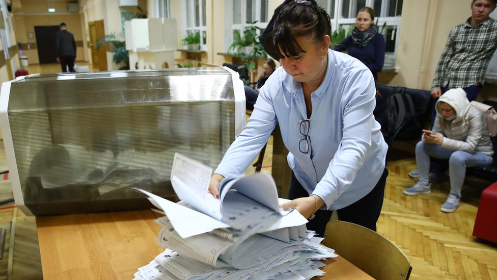 An electoral official during vote count at Polling Station No 144 during the 2021 Russian parliamentary election. Russia held legislative elections on 17-19 September 2021.