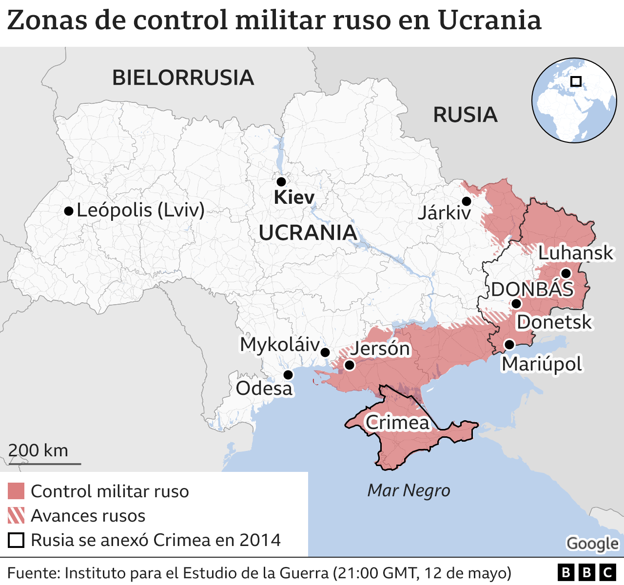 Mapa mostrando las zonas bajo control militar ruso en Ucrania