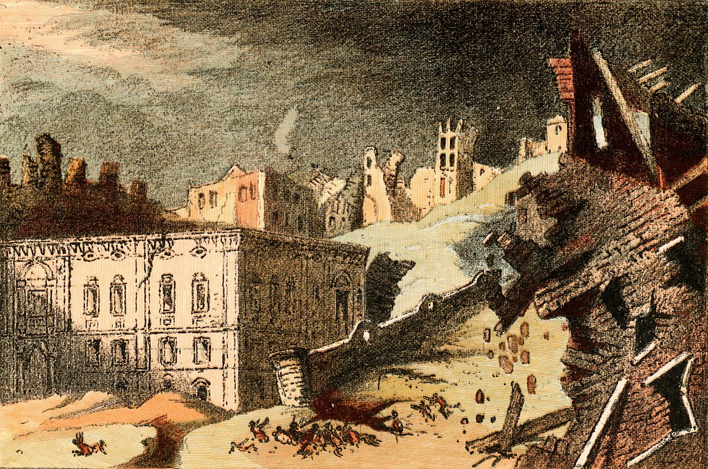 Escena del terremoto en ilustración de la época