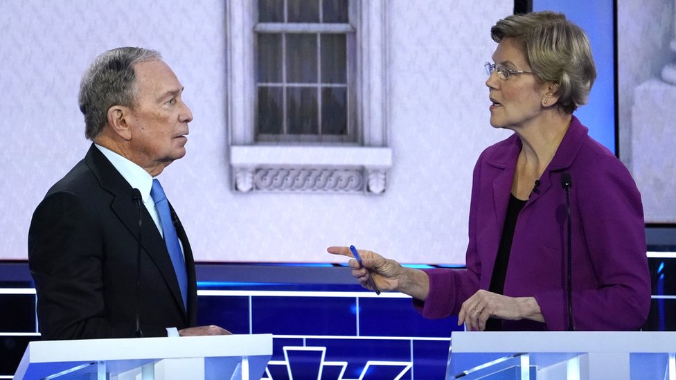 Michael Bloomberg y Elizabeth Warren en el debate demócrata