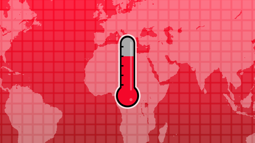Illustration of a thermometer and a world map to promote how much warmer is your city calculator