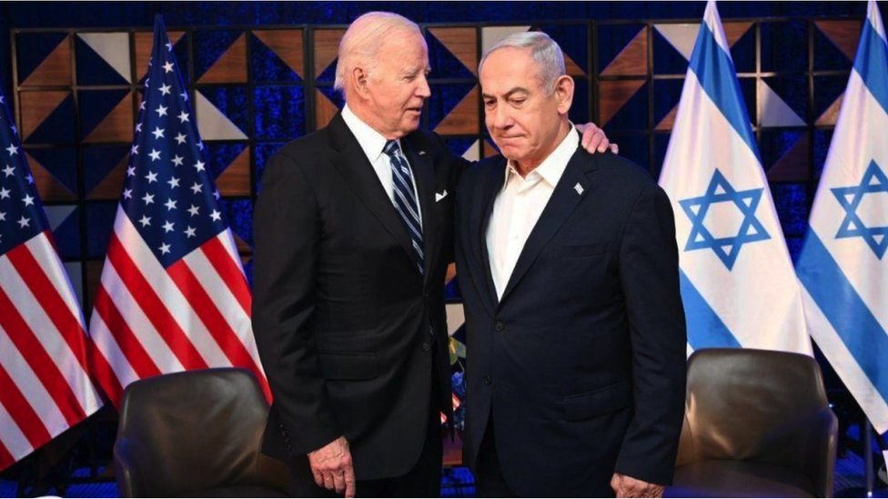 File image of US President Biden with his arm around Israeli Prime Minister Benjamin Netanyahu's shoulder