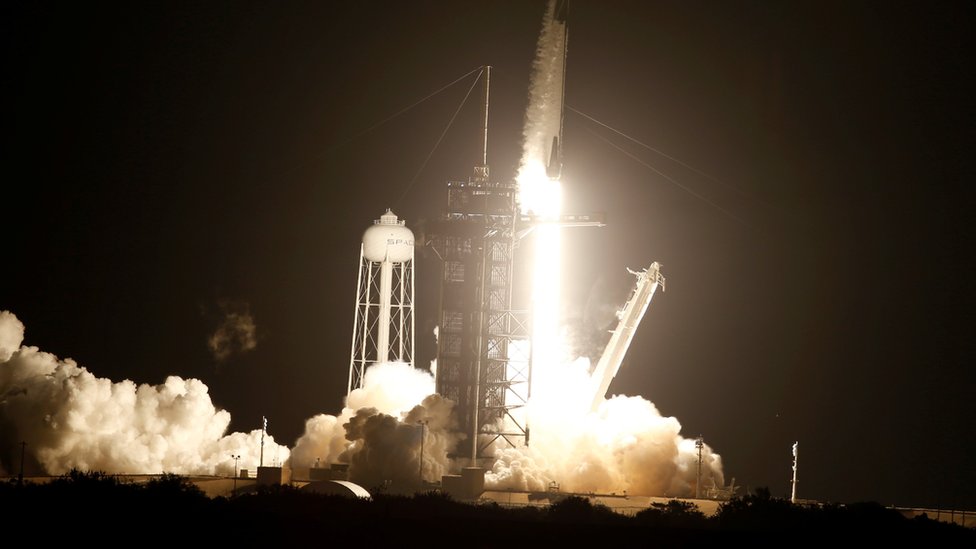 A SpaceX Falcon 9 rocket, with the Crew Dragon capsule, is launched carrying four astronauts on the first operational NASA commercial crew mission at Kennedy Space Center in Cape Canaveral, Florida, U.S. November 15, 2020.