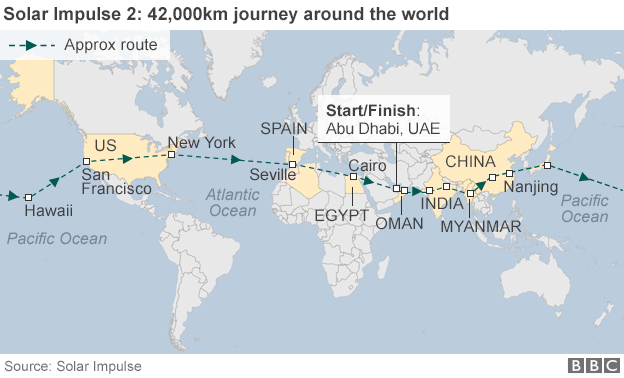 Карта, показывающая путешествие Solar Impulse