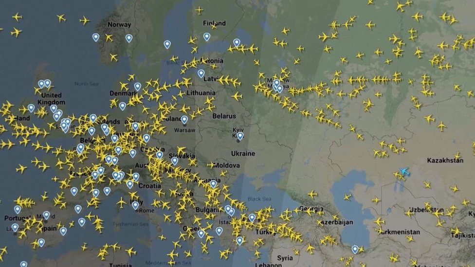 A screen recording of flight tracking website FlightRadar24 shows aircraft diverting around Ukraine, February 24, 2022 in this still image taken from video