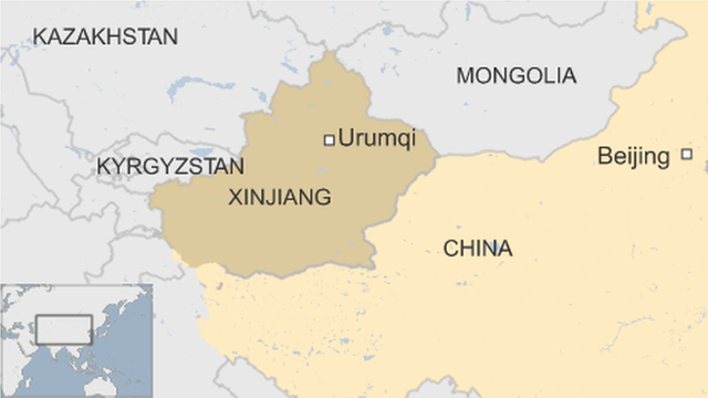 карта Китая с изображением Синьцзяна и его столицы Урумчи, граничащих с Монголией, Казахстаном и Кыргызстаном