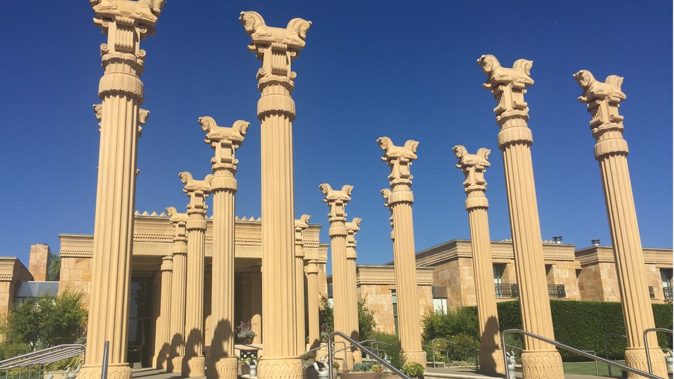 Carved columns at entrance to winery