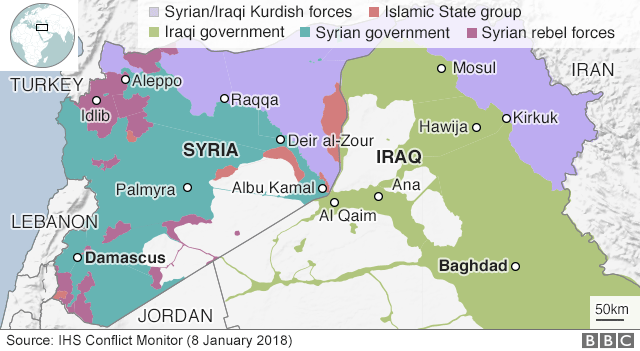Карта, показывающая контроль над Сирией и Ираком (8 января 2017 г.)