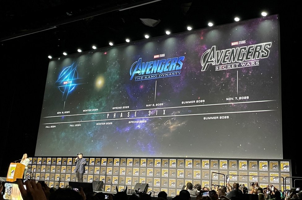 A screen shows a timeline of the Marvel Universe's Phase Six, with two new Avengers films at the end of it
