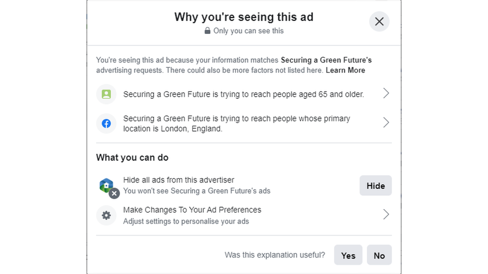 Facebook сообщает, что реклама нацелена на людей старше 65 лет