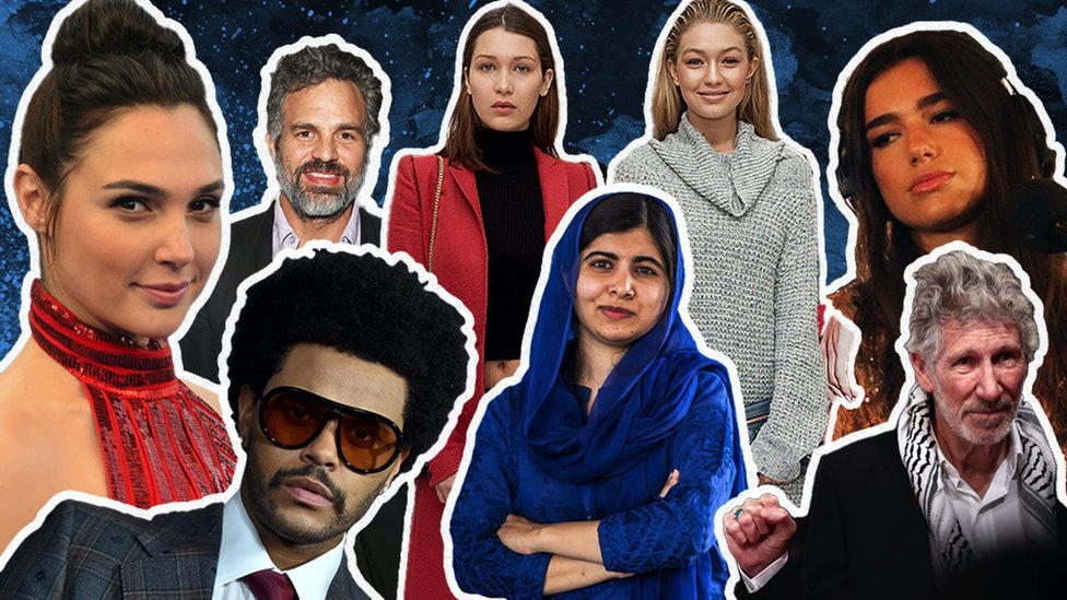 Photomontage - collage with images by Gal Gadot, Dua Lipa, The Weeknd, Bella and Gigi Hadid, Malala Yousafzai, Mark Ruffalo and Roger Waters.