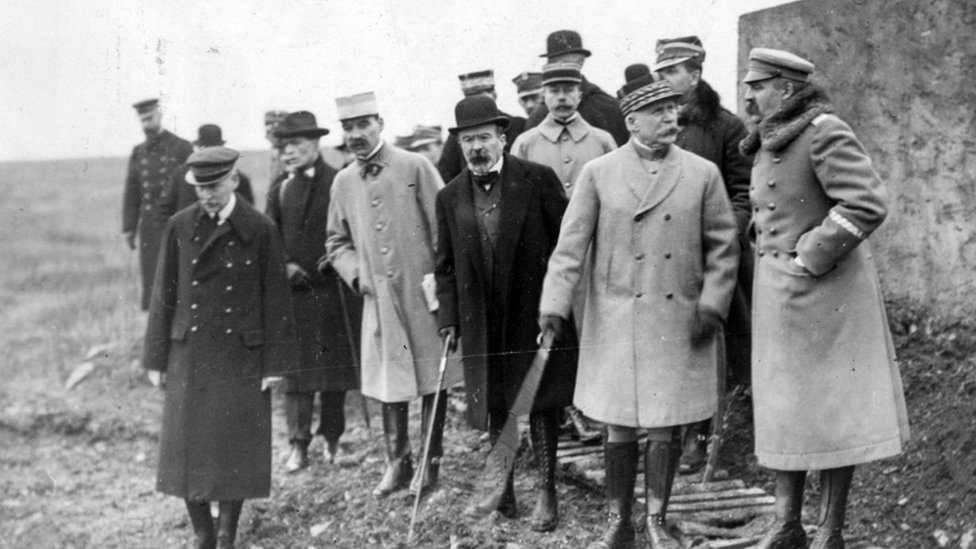 Marshal Philippe Petain (second right) visiting a battleground in Verdun, circa 1918