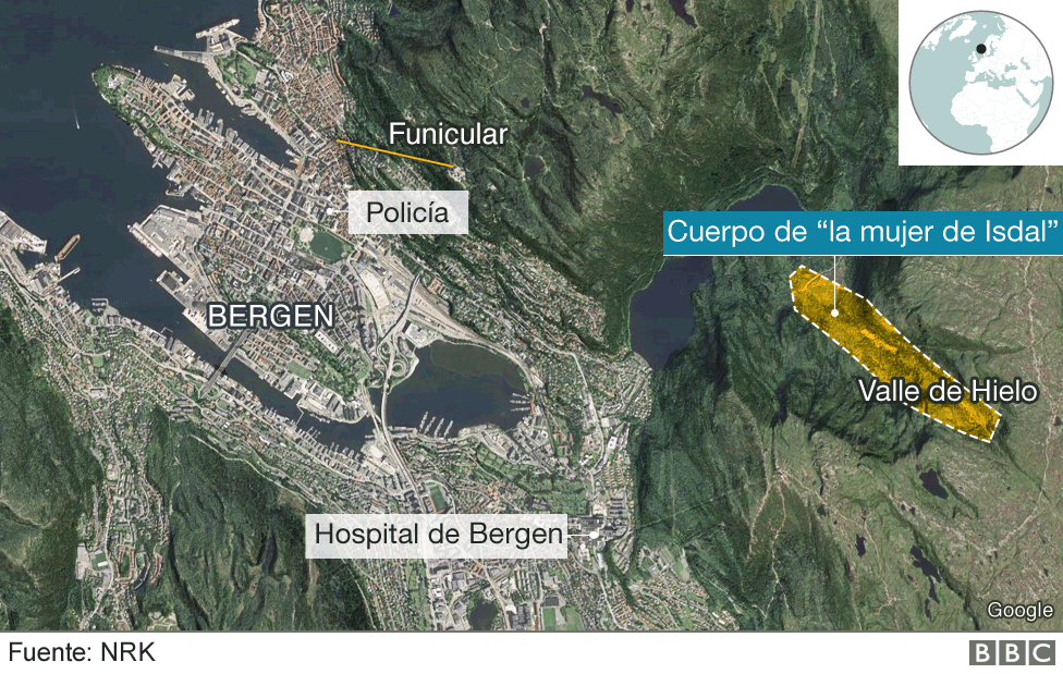 Mapa del Valle de hielo donde fue encontrado el cuerpo de "la mujer de Isdal".