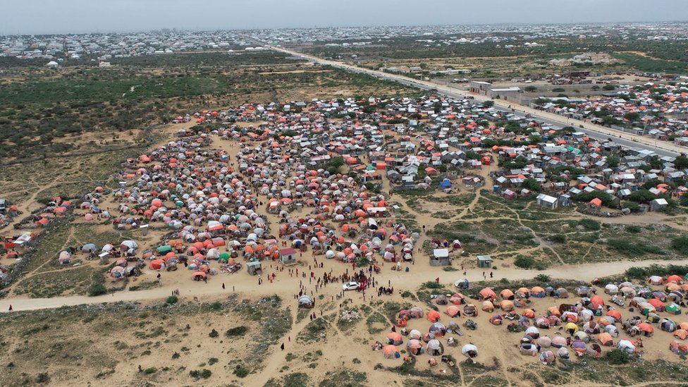 Aerial image of a camp of internally displaced people near Mogadishu