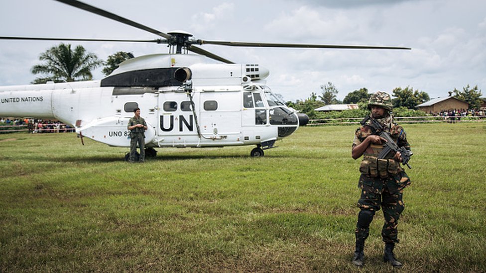 The helicopter of the UN secretary-general lands prior to a visit to an Ebola treatment centre in Mangina, North Kivu province, on 1 September, 2019