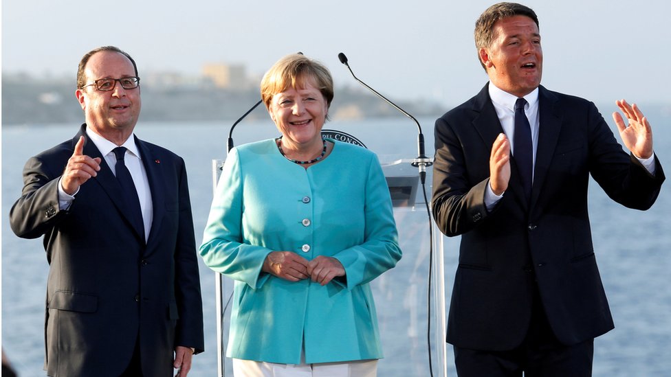 Президент Франсуа Олланд, канцлер Ангела Меркель и премьер-министр Маттео Ренци