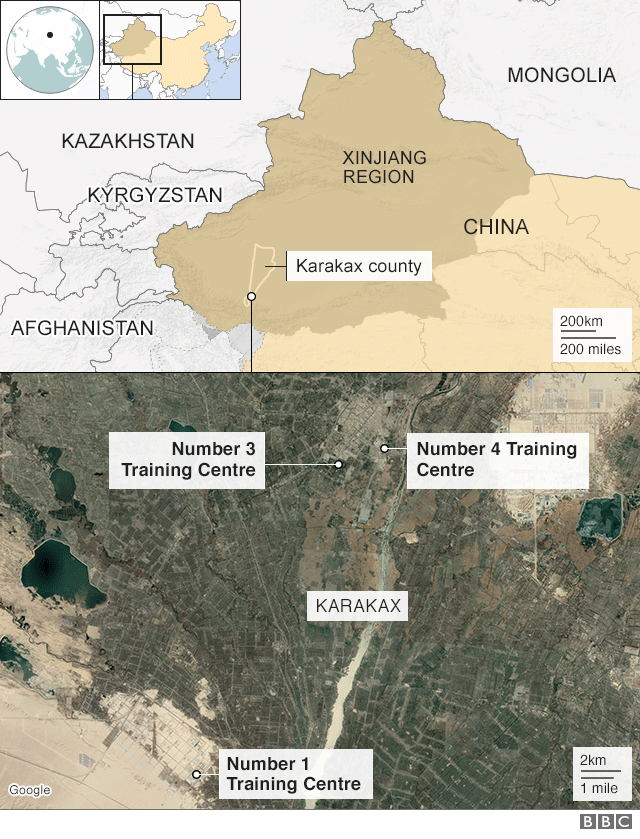Карта, показывающая расположение трех из четырех лагерей, идентифицированных Адрианом Зенцем из Списка каракахов