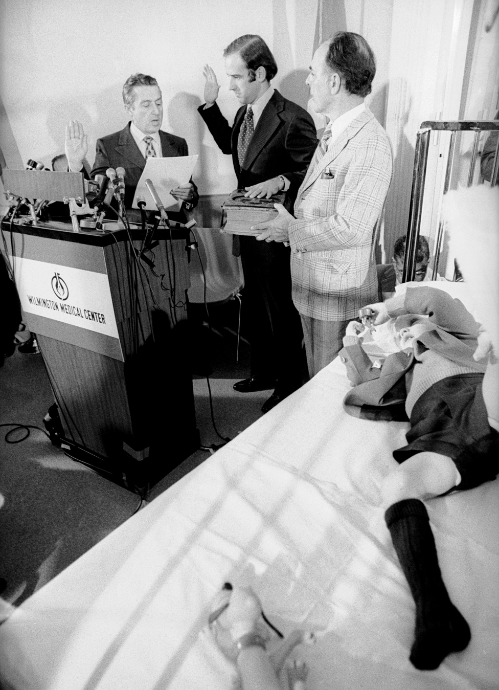 Senator Joseph Biden is sworn in in a hospital room