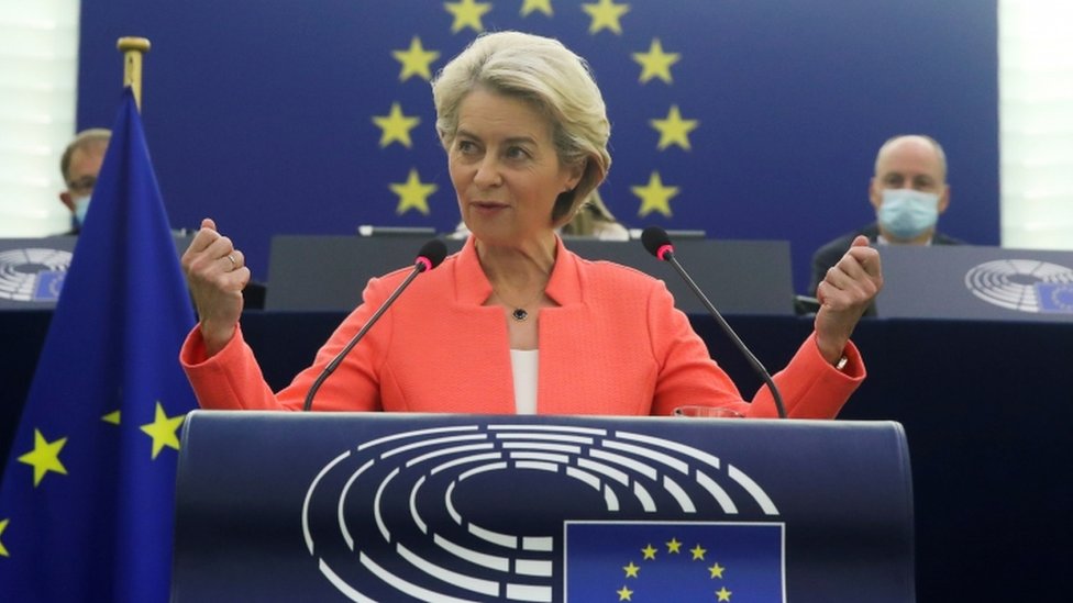 European Commission President Ursula von der Leyen delivers a speech