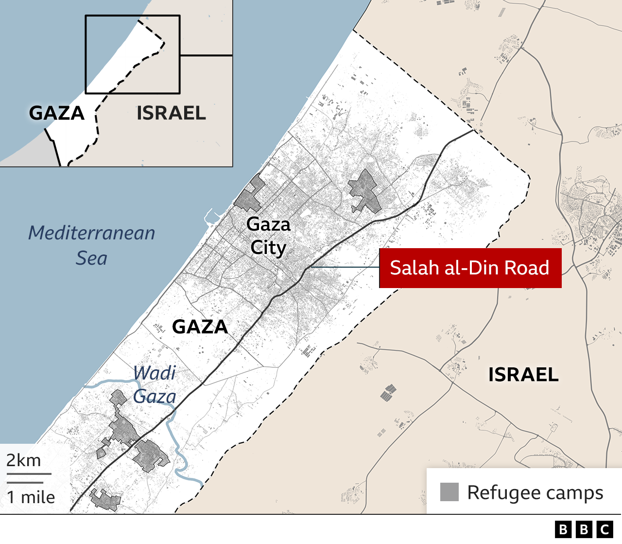A map of Gaza showing Salah al-Din Road, the main evaucation routes from the north to below the Wadi Gaza down south.