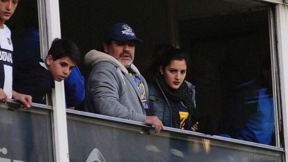 Maradona and his daughter Jana Maradona during a match between Boca Juniors and Quilmes in 2015