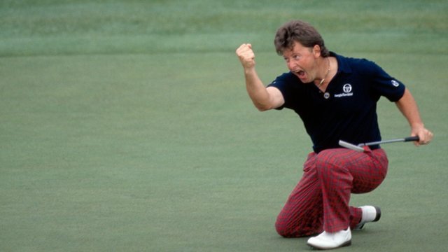 Ian Woosnam celebrates his final putt to win the 1991 Masters