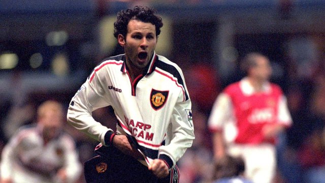 Ryan Giggs scores against Arsenal in a 1999 FA Cup semi-final replay at Villa Park