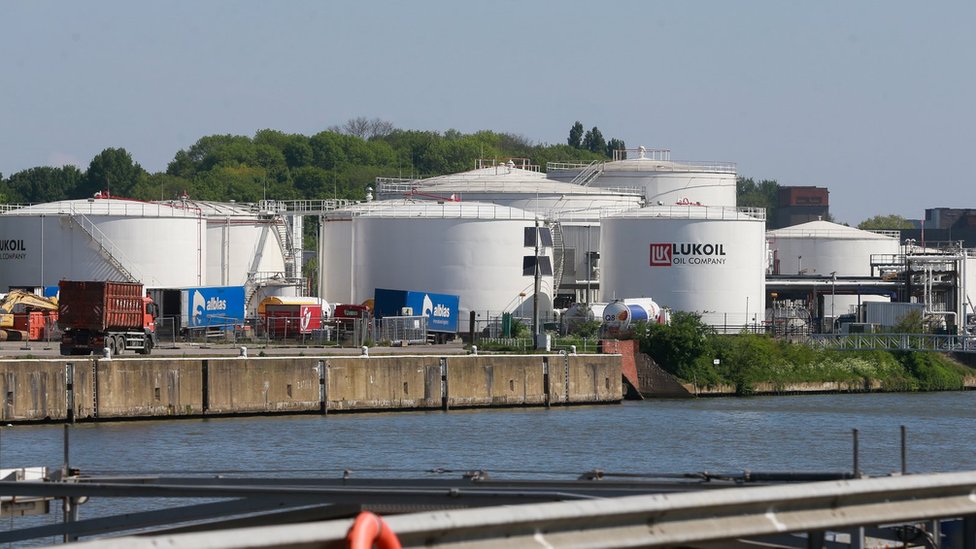 A view of fuel tanks of Russian multinational energy corporation Lukoil at its headquarters