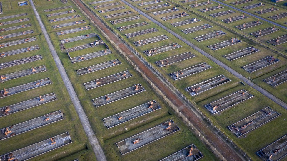 Вид с воздуха на лагерь смерти Аушвиц II-Биркенау, 19 декабря 2019 года в Освенциме, Польша
