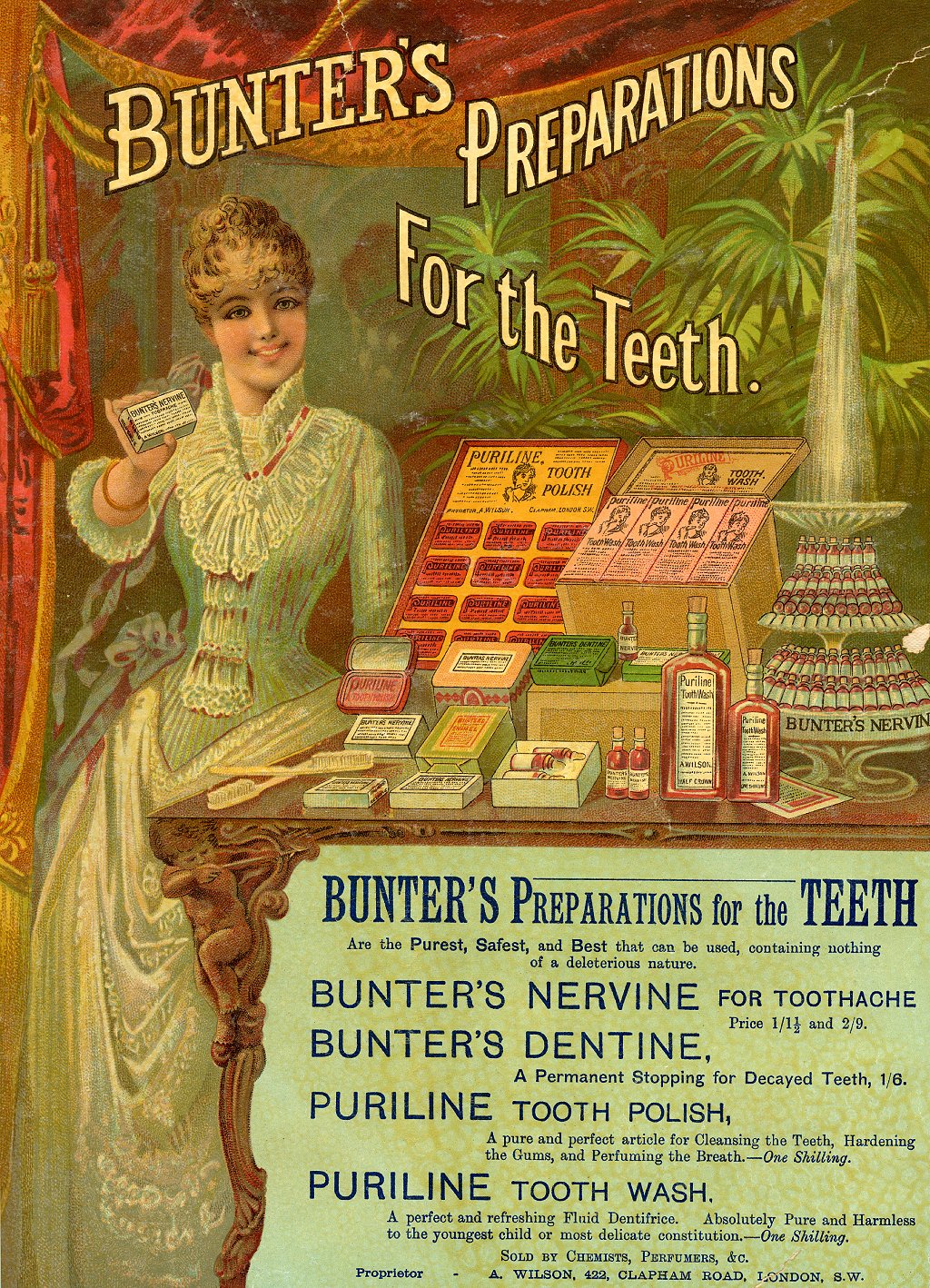 Anuncio publicitando productos para los dientes del siglo XIX