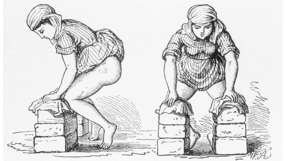 A sketch of a woman squatting to give birth while resting on two piles of bricks