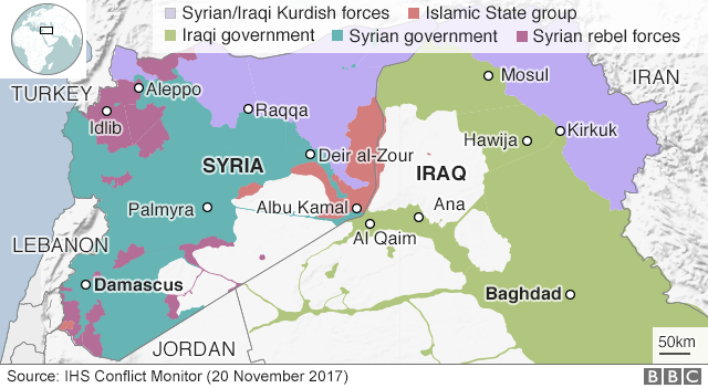 Карта с изображением контроля над Сирией и Ираком (20 ноября 2017 г.)