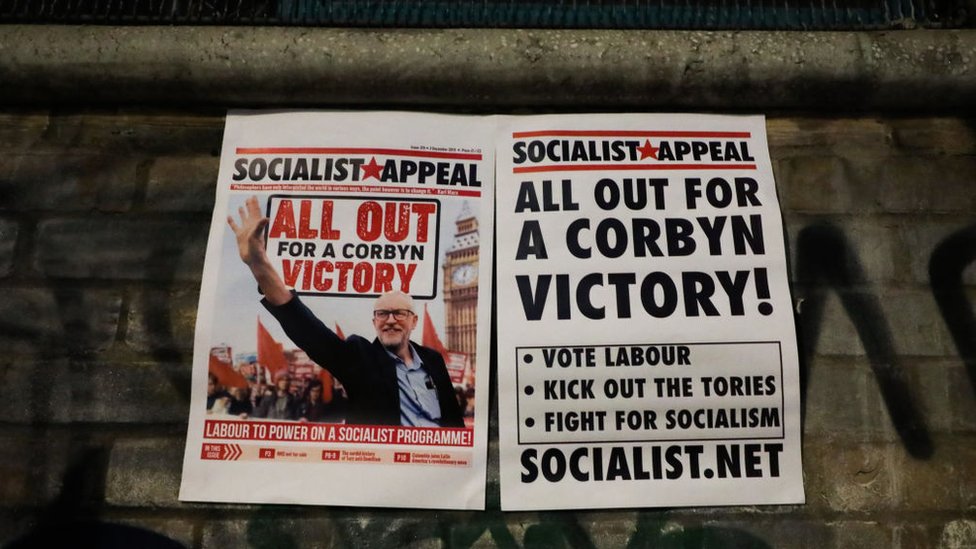Плакаты на последнем митинге лидера лейбористов Джереми Корбина в Хокстоне, Лондон