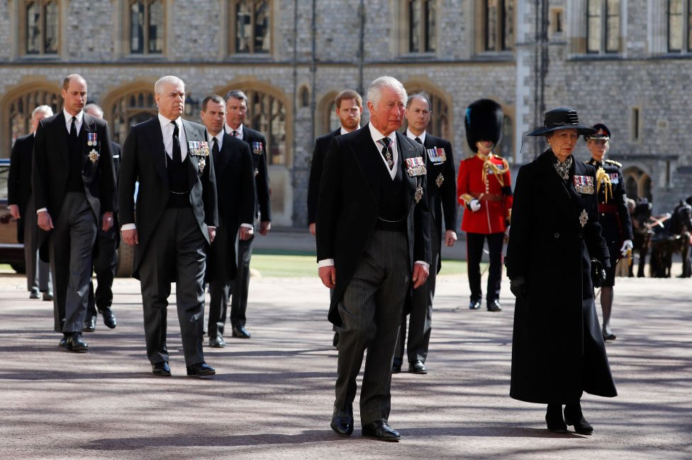 Princess Anne, Princess Royal, Prince Charles, Prince of Wales, Prince Andrew, Duke of York, Prince Edward, Earl of Wessex, Prince William, Duke of Cambridge, Peter Phillips, Prince Harry, Duke of Sussex, Earl of Snowdon David Armstrong-Jones and Vice-Admiral Sir Timothy Laurence follow Prince Philip, Duke of Edinburgh's coffin during the Ceremonial Procession during the funeral of Prince Philip, Duke of Edinburgh at Windsor Castle on April 17, 2021