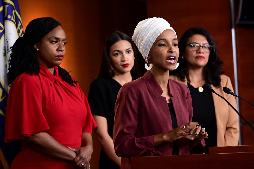 US Democratic congresswomen Ayanna Pressley, Alexandria Ocasio-Cortez, Ilhan Omar and Rashida Tlaib hold a news conference