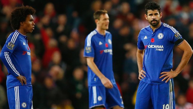 Willian and Diego Costa look on during Chelsea's defeat to Stoke City in the Premier League