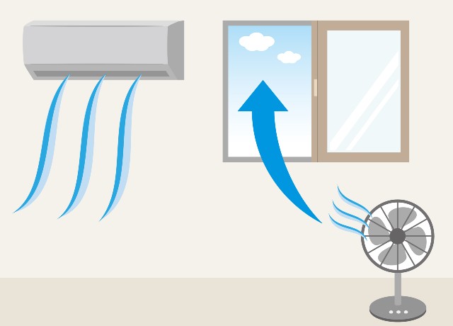 Ilustración de un ventilador junto a una ventana moviendo el aire hacia afuera y un equipo de aire acondicionado