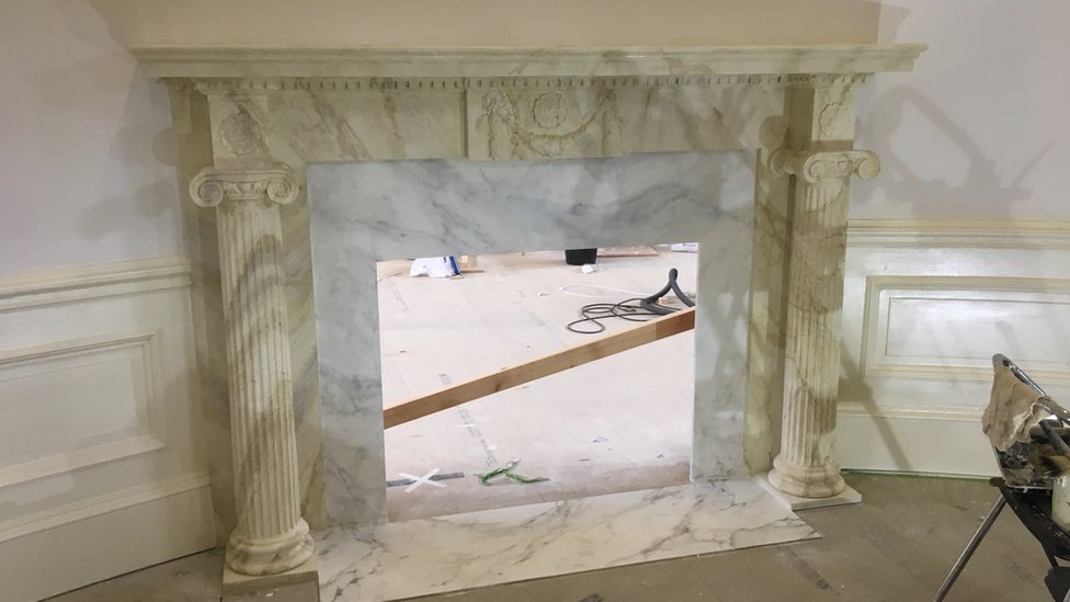 Fireplace in the Oval Office replica set at October Film Studios in Norfolk.