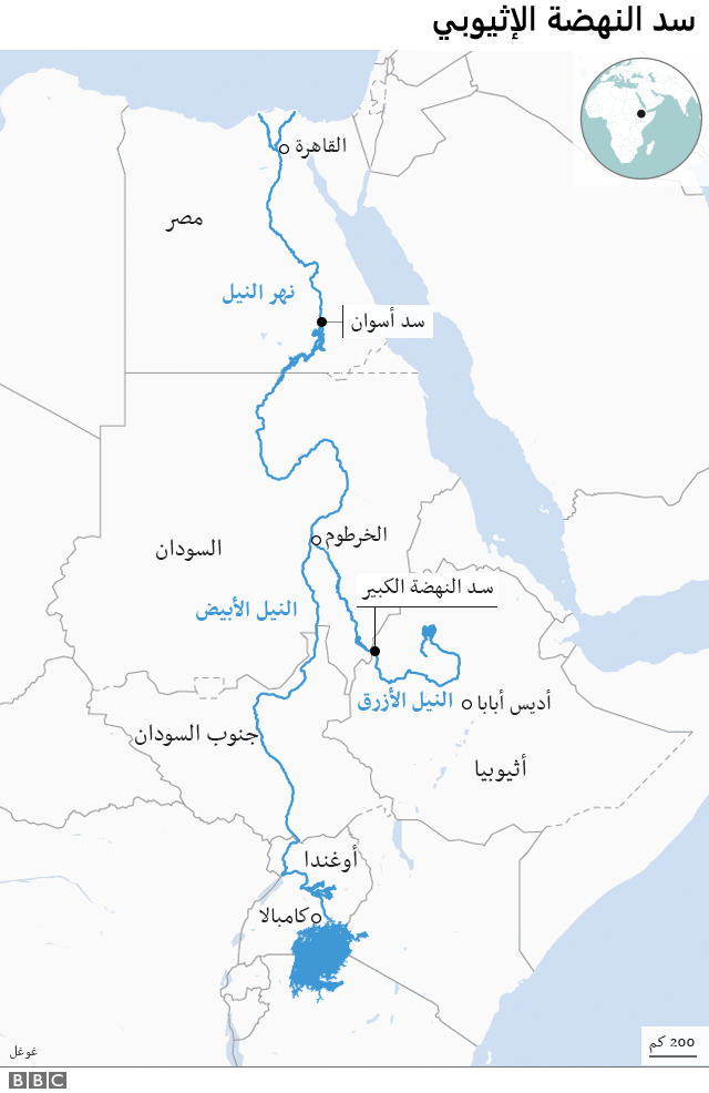 خريطة توضح مسار نهر النيل منذ بدايته من إثيوبيا.