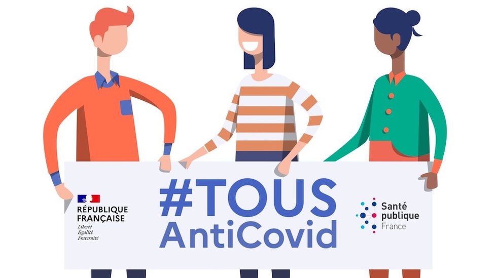 Три мультяшных человечка держат баннер с надписью «tousAntiCvoid», название нового французского приложения, что означает «все против Covid»