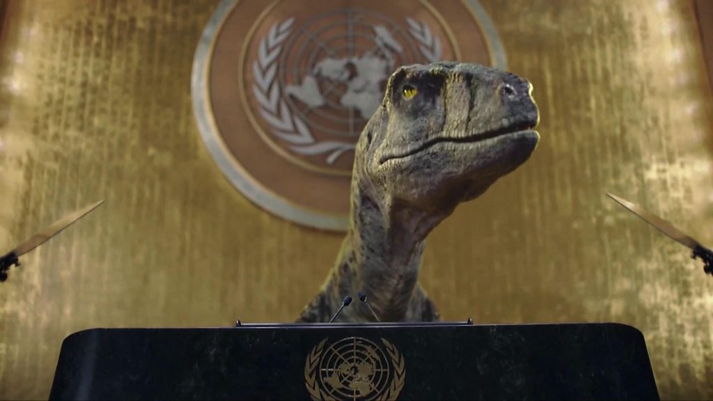 Dinosaur tells UN 'don't choose extinction' as part of new climate campaign