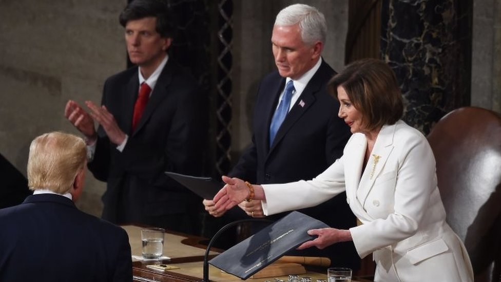 Donald Trump, Nancy Pelosi y Mike Pence en el Congreso